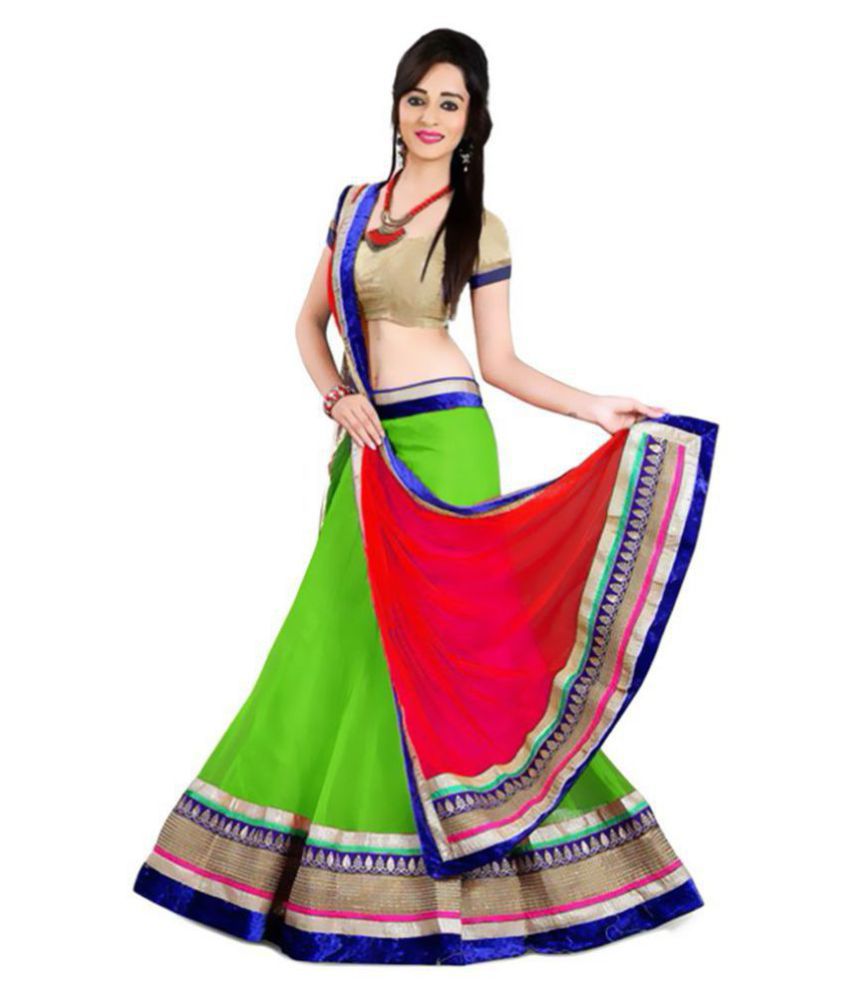 women s women creation Green,Red Cotton Chaniya Choli Semi Stitched Lehenga