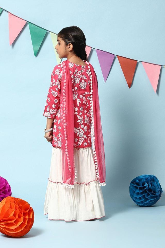 Biba girls - Printed Cotton Straight Fit Girls Kurta Sharara Dupatta Set