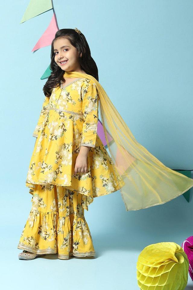 Biba girls - Printed Cotton Straight Fit Girls Salwar Kurta Dupatta Set