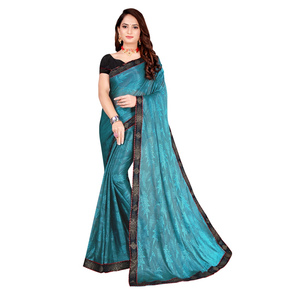 Todays Deal Blue Lace Work Floral lycra saree