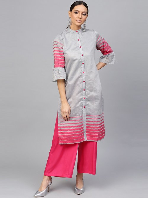 Jaipur Kurti Grey Cotton Striped Straight Kurti