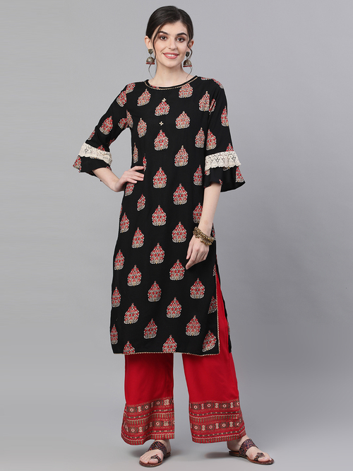 Ishin Black & Red Embroidered Kurta Pant Set
