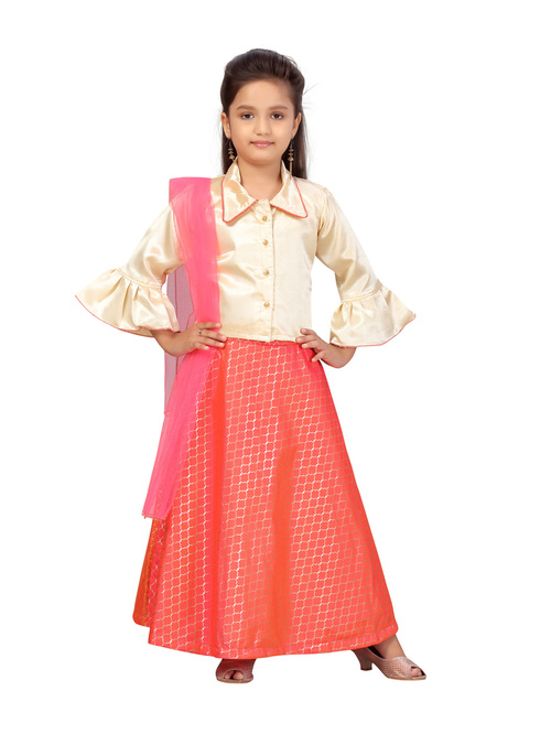 Aarika Kids Beige & Pink Printed Lehenga, Choli with Dupatta