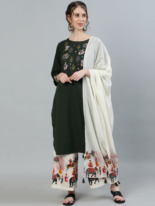 Ishin Green & White Embroidered Kurta With Palazzo & Dupatta