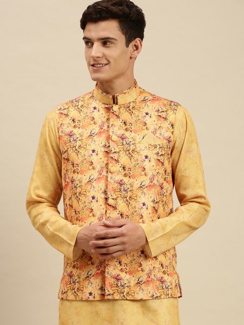Sanwara Mustard Regular Fit Printed Kurta Set With Jacket