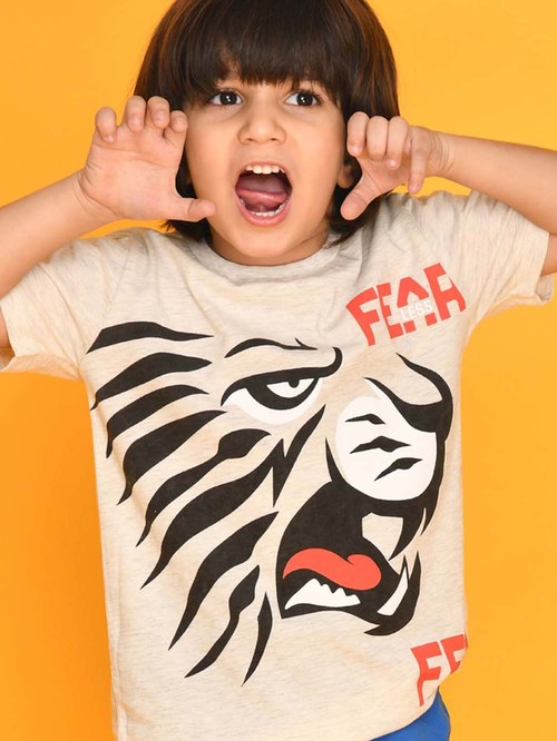 Anthrilo Kids Beige & Black Cotton Printed T-Shirt