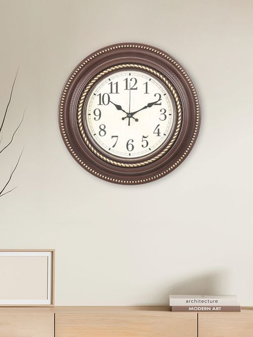 @home Brown Plastic Golden Beads Plastic Wall Clock