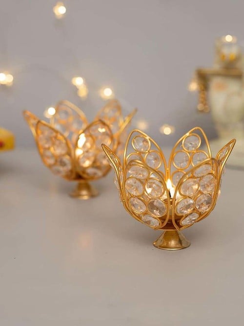 Homesake Gold Crystal Lotus Shape Akhand Diya Jyothi Oil Deepam Candle Holder