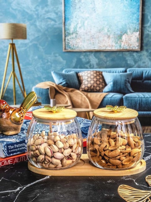 Goodhomes Transparent Glass 3-Piece Storage Jar & Tray Set