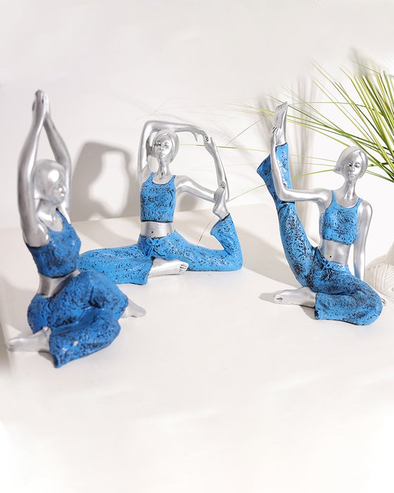 Resin Silver & Blue Yoga Lady Sculpture (Set of 3)