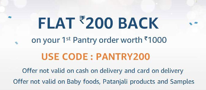 Amazon Pantry Flat Rs 200 Cash back on Purchase of Rs 1000