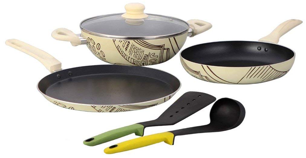 Flat 74% off on Wonderchef Picasso Cookware Set, 4-Pieces, Black and Cream (Free Silicone Spoon and Spatula)