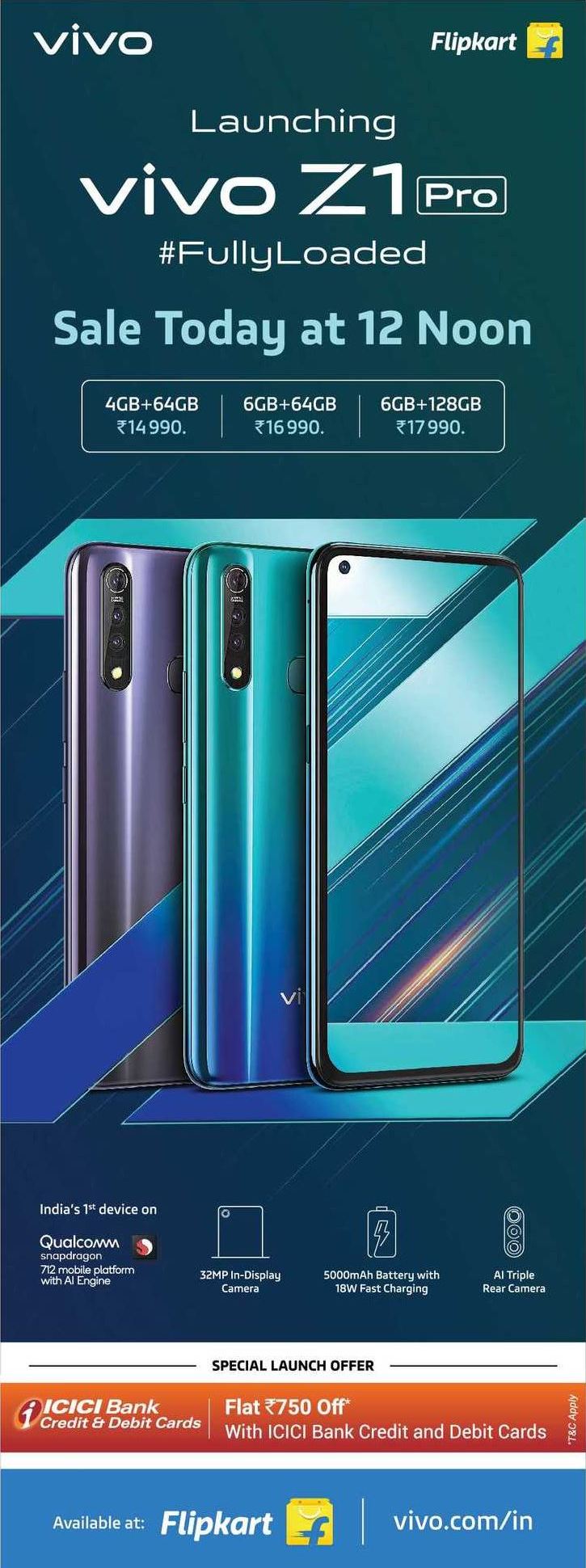 Flat Rs 750 off on Vivo Z1 Pro Starting from Rs 14,990