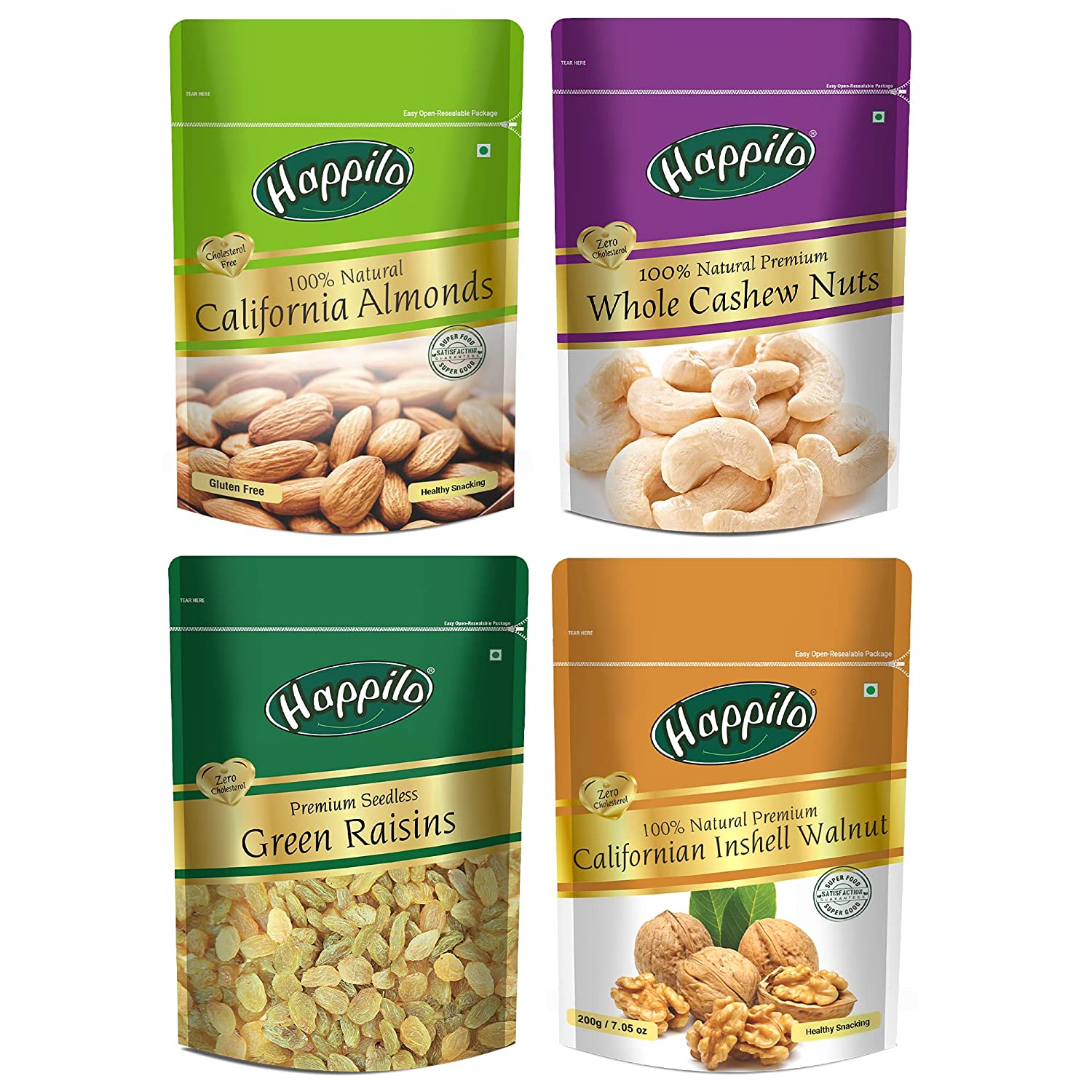 Happilo Premium Californian Almonds 200g Whole Cashews 200g Raisins 250g & Californian Walnuts Inshell 200g Combo Pack