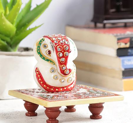 Multicolour Marble Ganesha with Chowki Idol by Art of Jodhpur